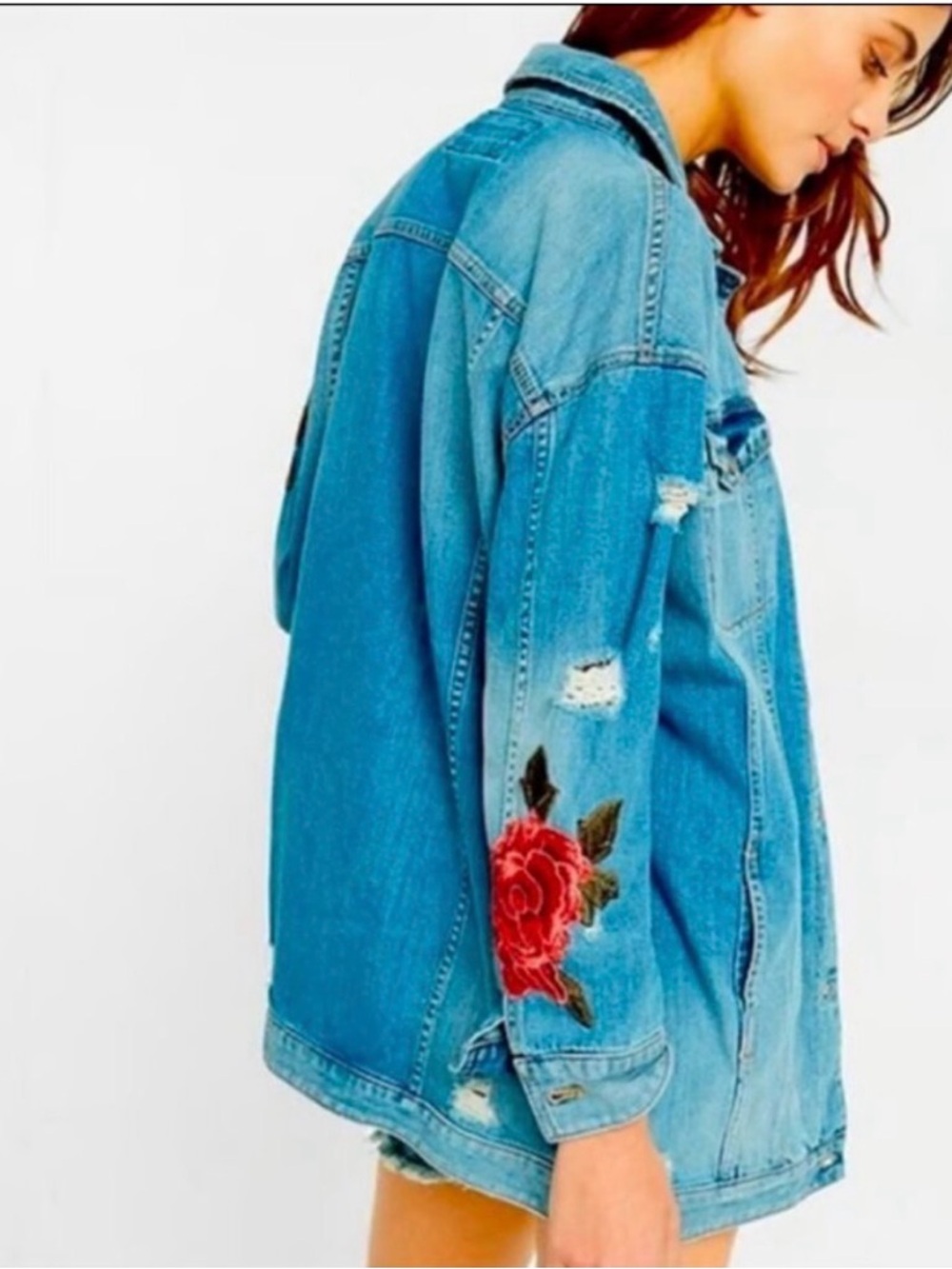 Express Rose Embroidered Distressed Boyfriend Jean Jacket
